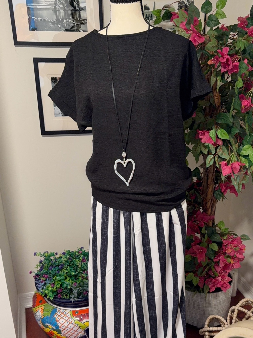 Black Casual Pull-On pant with top, Vertical Stripe Panel